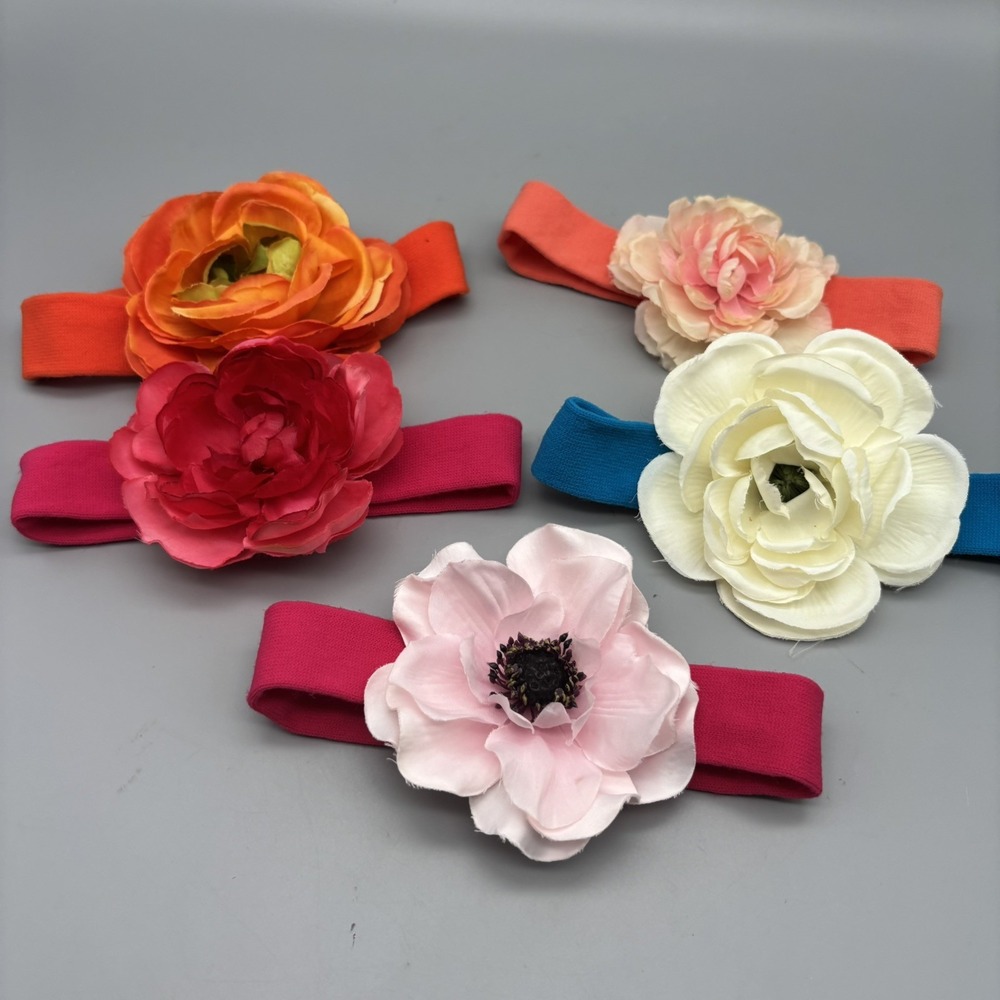 5 Pc. Large Flower Hair Bow on Knit Headband Lot Gift Set Baby Girl
